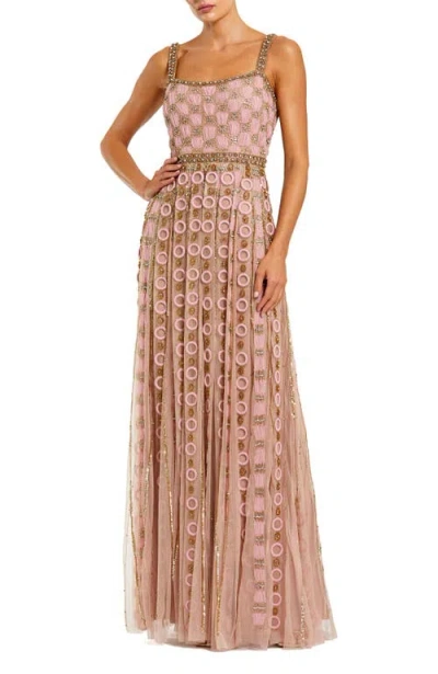 Mac Duggal Sleeveless Embellished Mesh A-line Evening Gown In Gray