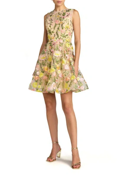 Mac Duggal Sleeveless Embroidered Lace High Neck Mini Dress In Brown