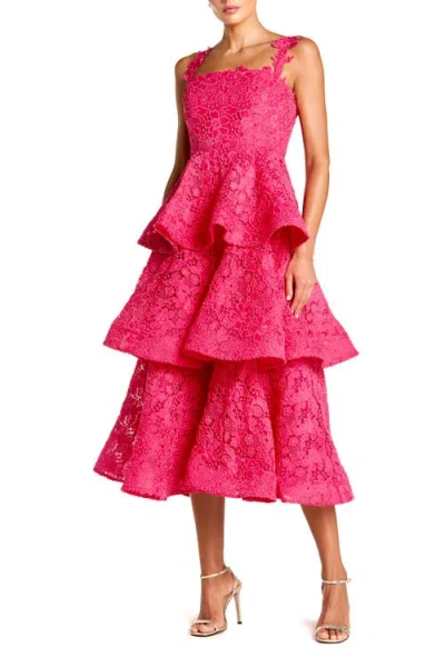 Mac Duggal Sleeveless Embroidered Lace Ruffle Midi Dress In Pink