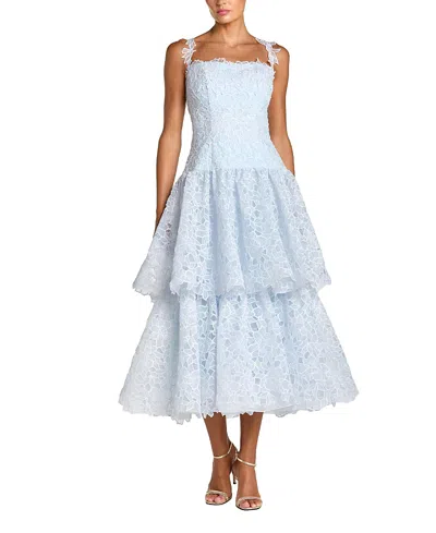 Mac Duggal Sleeveless Embroidered Lace Tiered Midi Dress In Blue