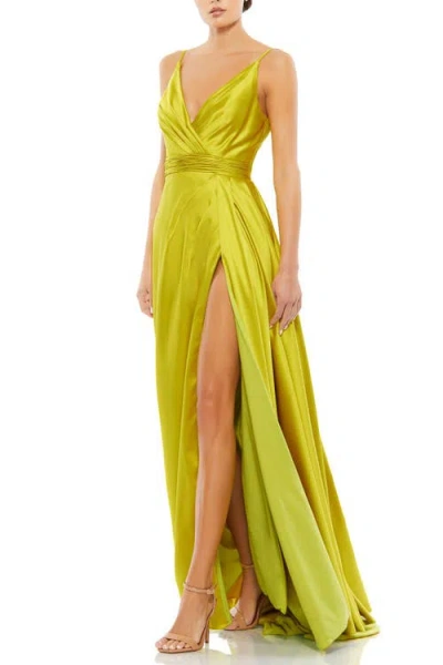 Mac Duggal Wrap Front Pleated Satin Gown In Chartreuse