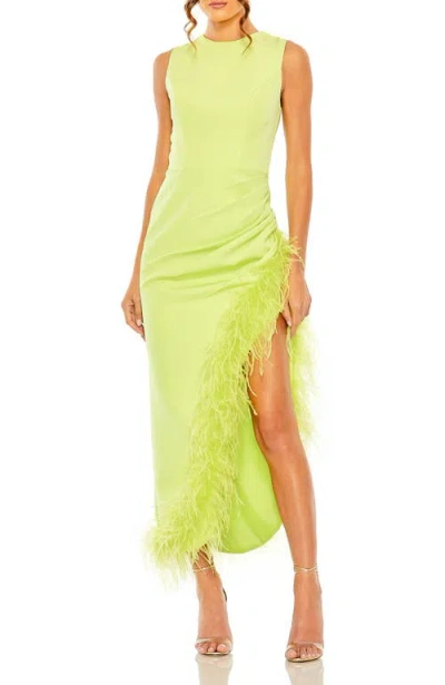 MAC DUGGAL MAC DUGGAL SLEEVELESS FAUX WRAP DRESS WITH FEATHER DETAIL