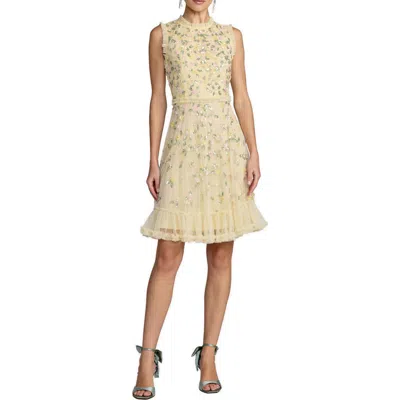 Mac Duggal Sleeveless Floral Beaded Mock Neck Tulle Mini Dress In Yellow