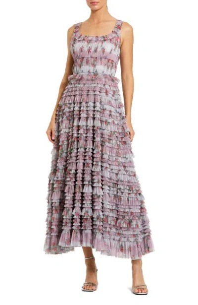 Mac Duggal Sleeveless Floral Midi Dress With Tiered Ruffles In Purple