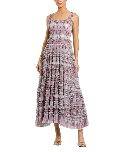 MAC DUGGAL SLEEVELESS FLORAL MIDI DRESS WITH TIERED RUFFLES