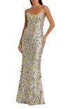 Mac Duggal Sleeveless Floral Paillette Embellished Mesh Gown In Pastel Multi