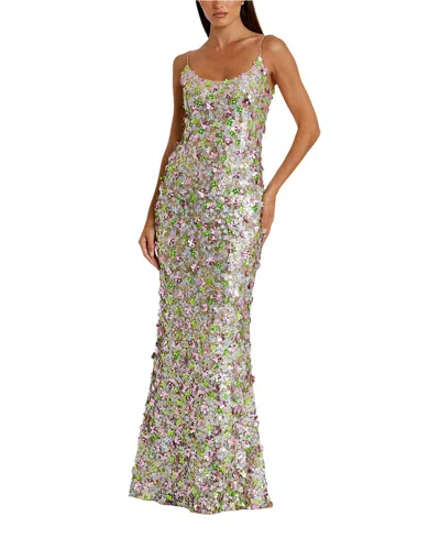 MAC DUGGAL SLEEVELESS FLORAL PAULETTE EMBELLISHED MESH GOWN