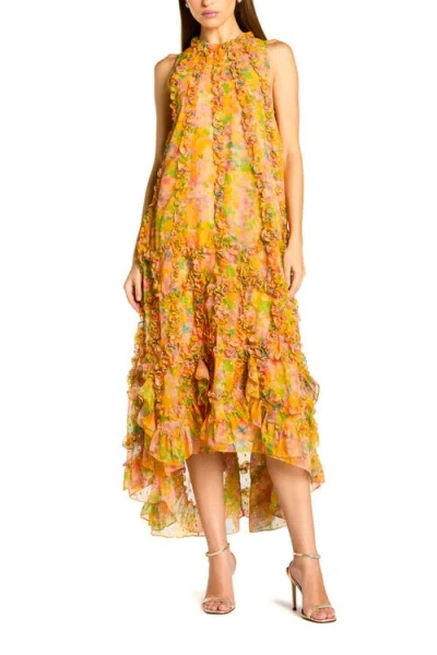 Mac Duggal Sleeveless Floral Print Chiffon Micro Ruffle Gown In Yellow