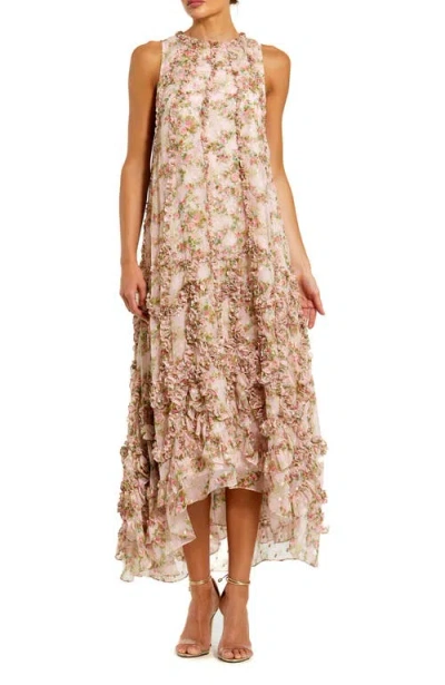 Mac Duggal Sleeveless Floral Print Chiffon Micro Ruffle Gown In Pink Multi