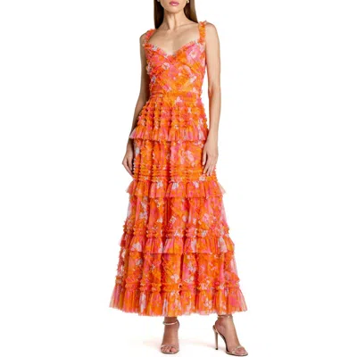 Mac Duggal Sleeveless Floral Ruffle A-line Maxi Dress In Orange