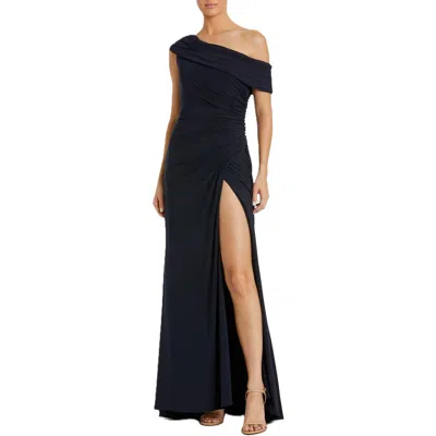 Mac Duggal Sleeveless Foldover Off-the-shoulder Slit Gown In Navy