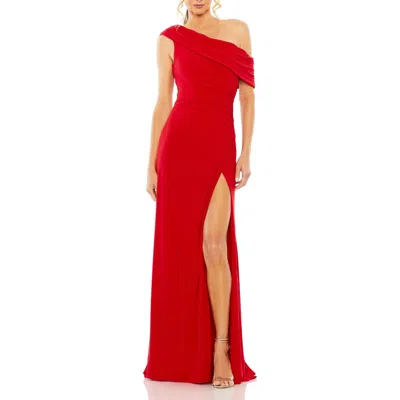 Mac Duggal Foldover Off-the-shoulder Slit Gown In Red