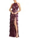 Mac Duggal High Neck Heat Pleated Tiered Ruffle Metallic Gown In Pink