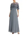Mac Duggal Sleeveless Gown With Embellished Cape In Slate Blue