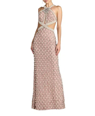 Mac Duggal Sleeveless Halter Cutout Pearl Embellished Gown In Pink