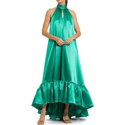 Mac Duggal Sleeveless Halter Neck Keyhole Satin High Low Gown In Green