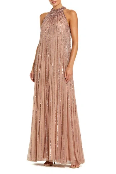 Mac Duggal Sleeveless Halter Neck Mesh Sequin Trapeze Gown In Pink