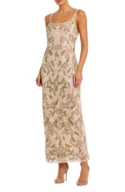 Mac Duggal Sleeveless Hand Beaded Floral Midi Dress In Beige Multi