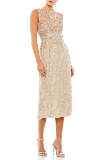 Mac Duggal Sleeveless High Neck Beaded Midi Sheath Dress In Neutral