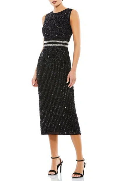 Mac Duggal Sleeveless High Neck Beaded Midi Sheath Dress In Black