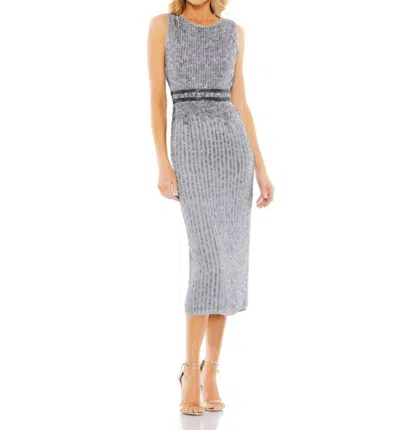 MAC DUGGAL SLEEVELESS HIGH NECK BEADED MIDI SHEATH DRESS IN PLATINUM