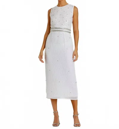 MAC DUGGAL SLEEVELESS HIGH NECK BEADED MIDI SHEATH DRESS IN WHITE