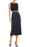 Mac Duggal Sleeveless High Neck Beaded Midi Sheath Dress In Navy
