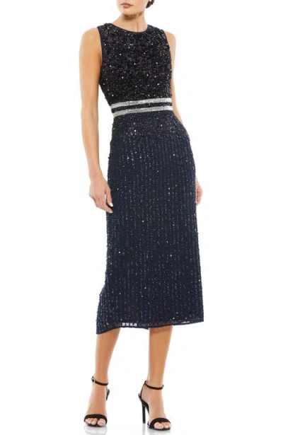 Mac Duggal Sleeveless High Neck Beaded Midi Sheath Dress In Navy
