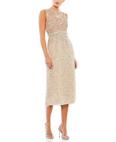 Mac Duggal Sleeveless High Neck Beaded Midi Sheath Dress In Neutral