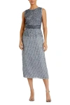 Mac Duggal Sleeveless High Neck Beaded Midi Sheath Dress In Platinum