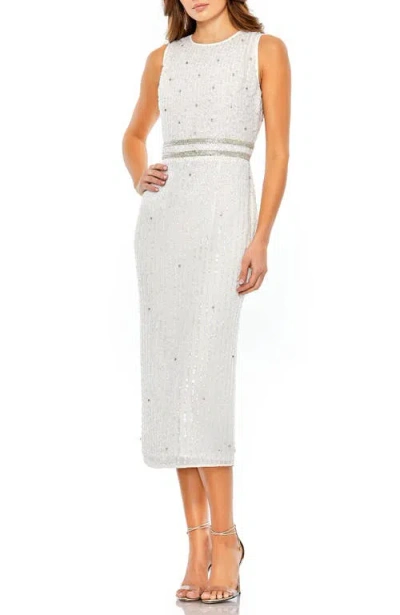 MAC DUGGAL MAC DUGGAL SLEEVELESS HIGH NECK BEADED MIDI SHEATH DRESS