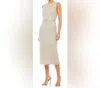 Mac Duggal Dazzling Sleeveless High Neck Beaded Midi Sheath Dress In White