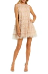Mac Duggal Sleeveless High Neck Beaded Ruffle Trapeze Dress In Nude Multi