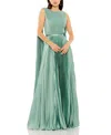 Mac Duggal Sleeveless High Neck Cape Back Heat Pleated Gown In Sage