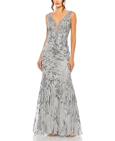 Mac Duggal Sleeveless High Neck Embroidered Gown In Grey