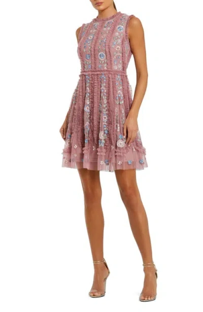 Mac Duggal Sleeveless High Neck Embroidered Mini Dress In Purple