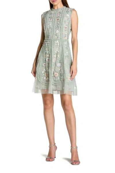 Mac Duggal Sleeveless High Neck Embroidered Mini Dress In Green