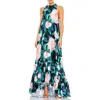 Mac Duggal Sleeveless High Neck Floral Print High Low Maxi Dress In Multi