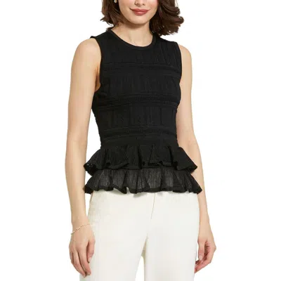 Mac Duggal Sleeveless High Neck Knit Top With Ruffle Hem In Black