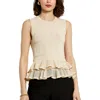 Mac Duggal Sleeveless High Neck Knit Top With Ruffle Hem In Oat