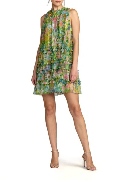 Mac Duggal Sleeveless High Neck Printed Mesh Mini Dress In Multi