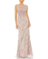 Mac Duggal Sleeveless High Neck Sequin Beaded Gown In Vintage Lilac