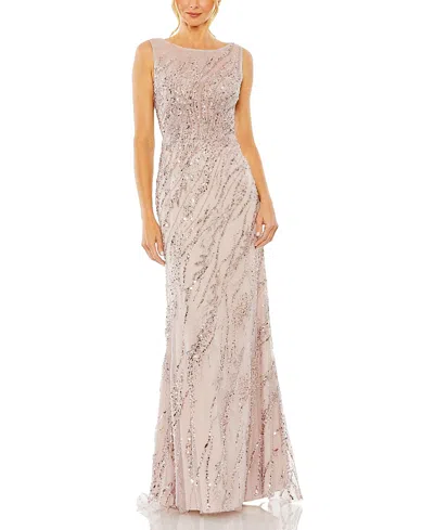 Mac Duggal Sleeveless High Neck Sequin Beaded Gown In Vintage Lilac