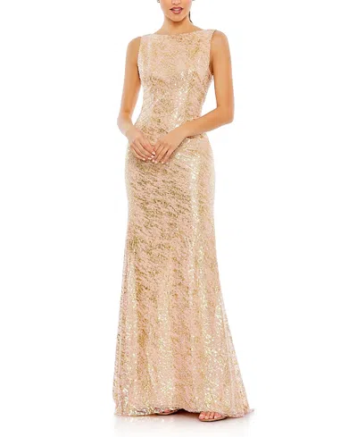 Mac Duggal Sleeveless High Neck Sequin Gown In Blush
