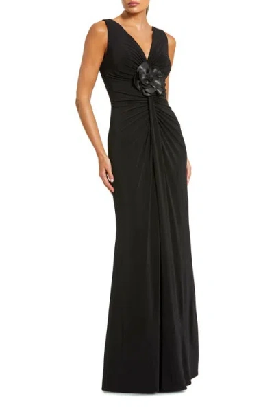 Mac Duggal Sleeveless Jersey 3d Flower Detail Gown In Black