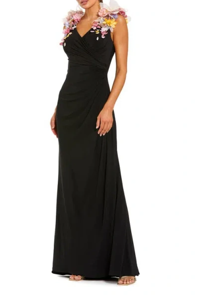 Mac Duggal Sleeveless Jersey Gown With 3d Flower Detail In Black