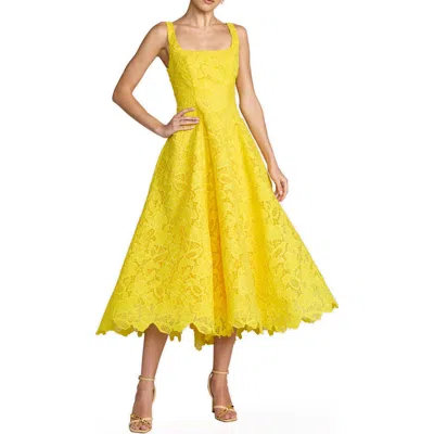 Mac Duggal Sleeveless Lace Scoop Neck Midi Dress With Pockets In Yellow