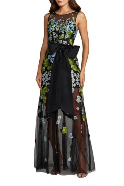 Mac Duggal Sleeveless Mesh Applique Gown With Bow Belt In Black