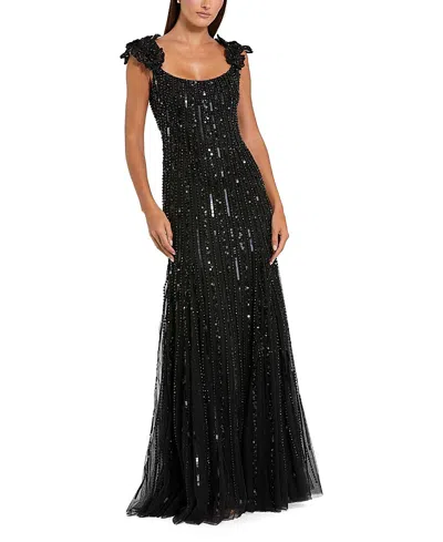 Mac Duggal Sleeveless Mesh Gown With Floral Shoulder Detail In Black