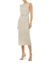 Mac Duggal Fringe Beaded Column Midi Dress In Nude